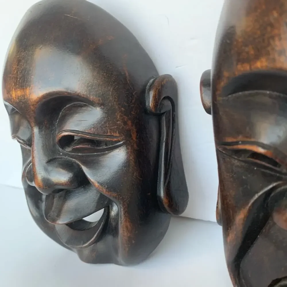 Vintage Mid Century Carved Wood Buddha Masks Wall Art